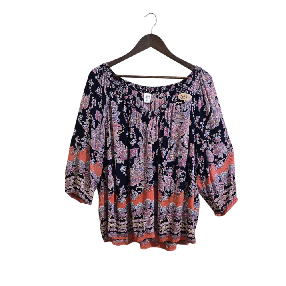 Bila Women's Blouse Size XL Paisley Print 3/4 Sleeve V Neck Boho Hippie Peasant